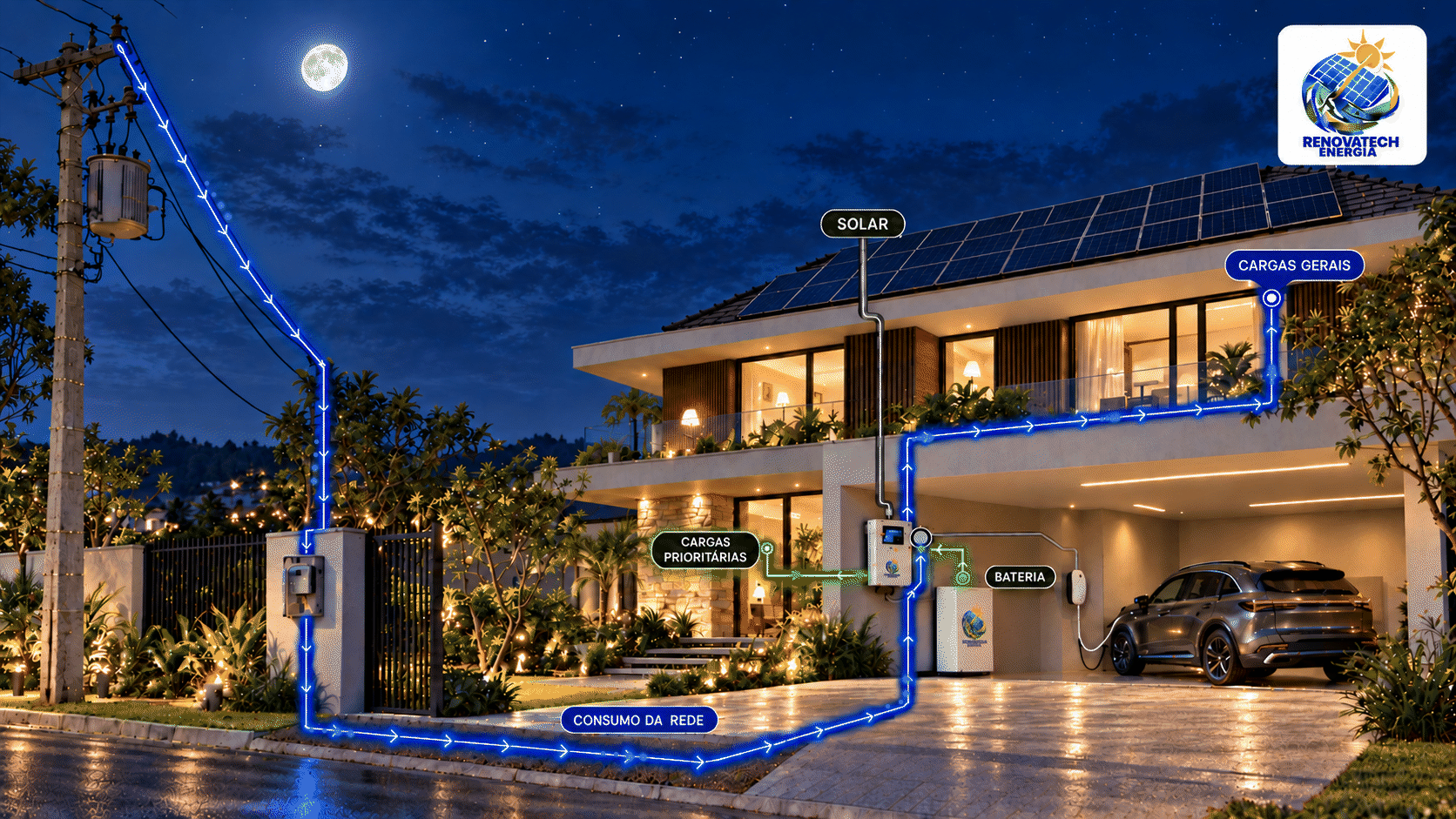 Fluxo de energia da residência à meia-noite, com a rede em operação normal